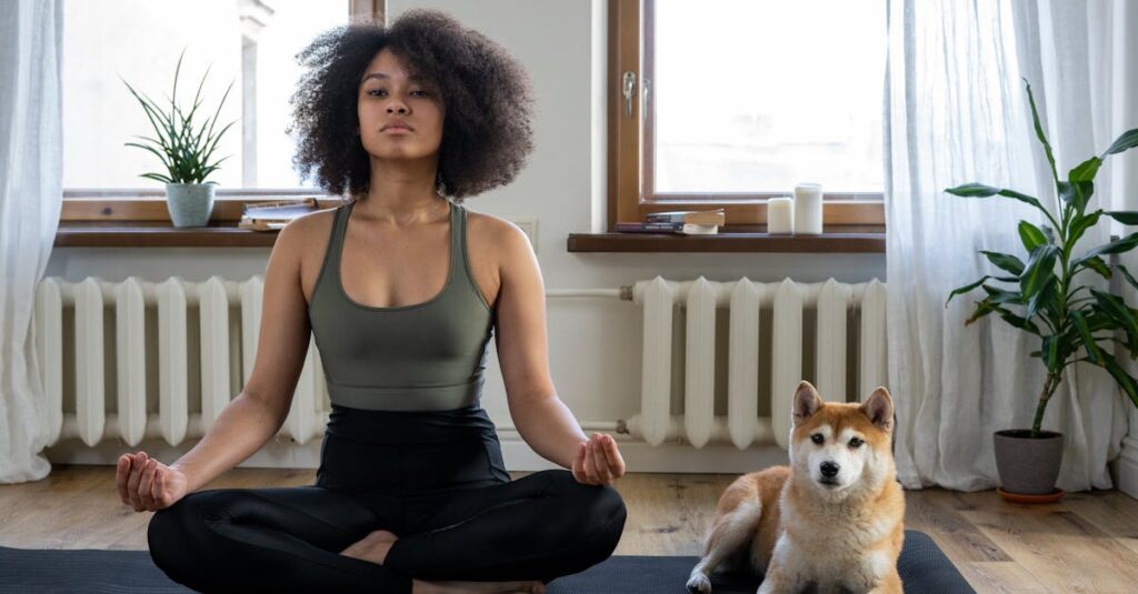 A woman practices yoga at home with her Shiba Inu dog, embracing a relaxing morning.