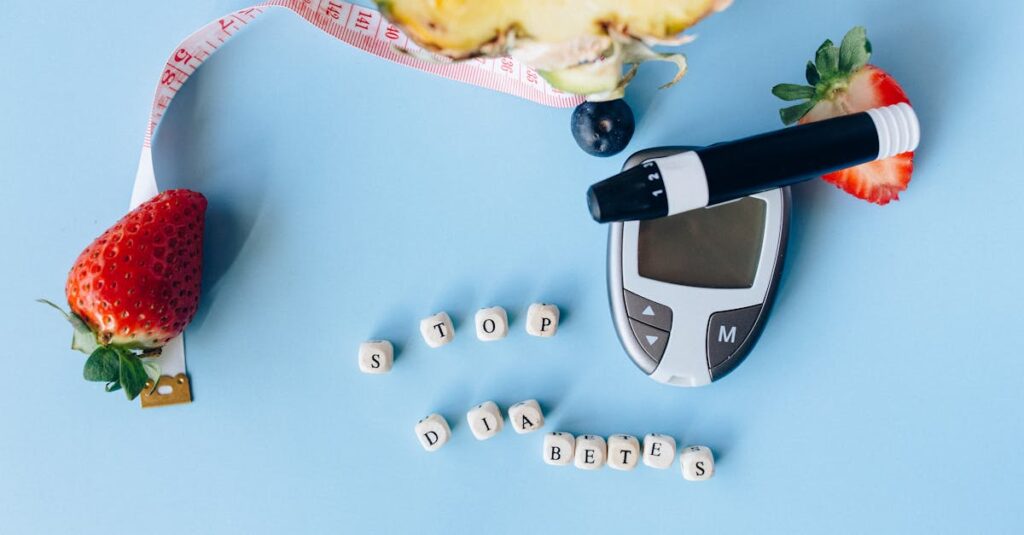 Conceptual flat lay with fruits, glucose meter, and message for diabetes prevention.